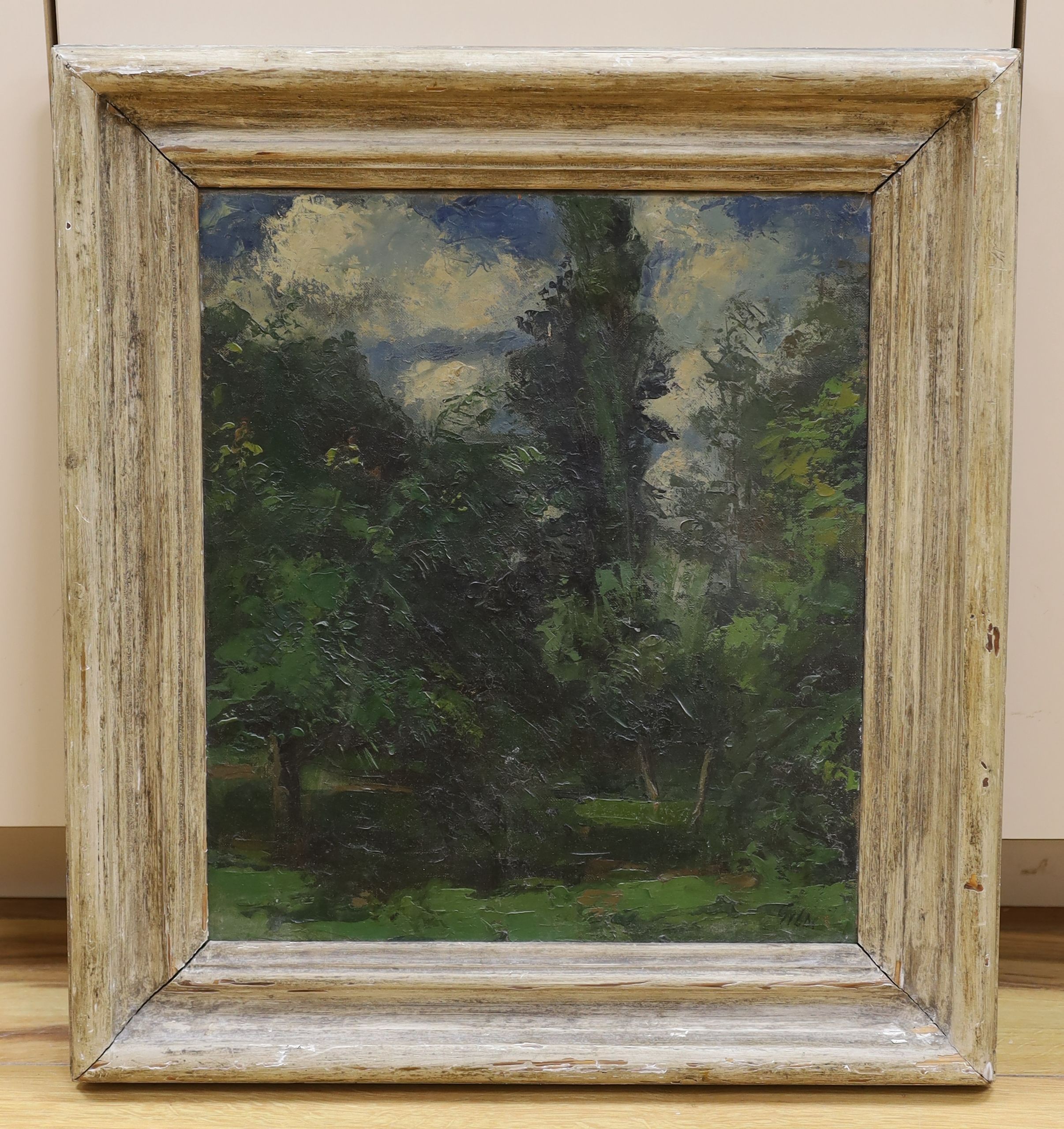 T.F. Gibbs, oil on canvas, 'The Orchard', signed, with Piccadilly Gallery label verso, 40 x 34cm
